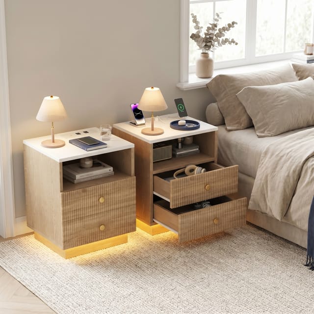 2er Set Nachttisch 44x38x55cm Mit Led-beleuchtung & Ladestation, 2 Schubladen, Holz, Eiche