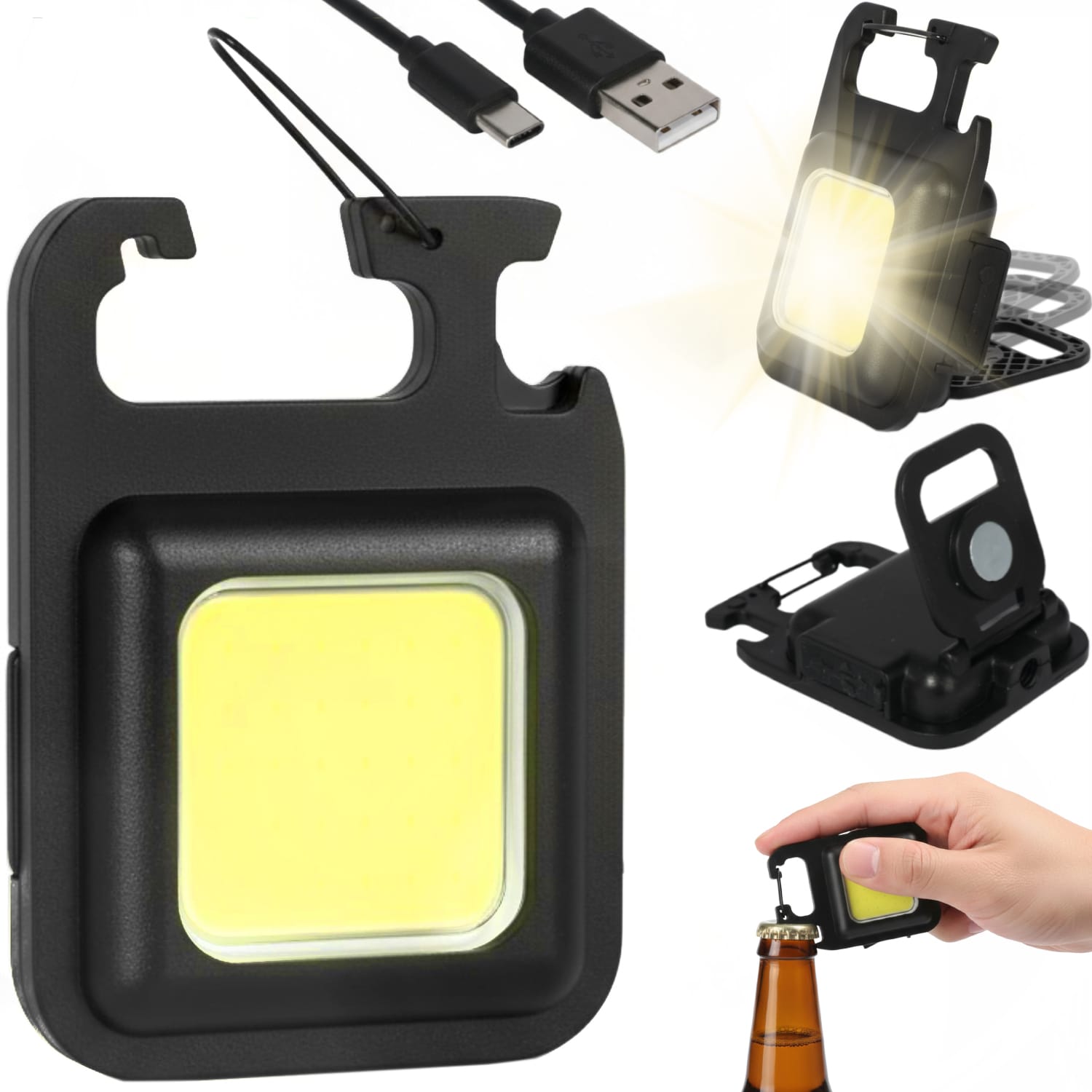 Mini-taschenlampe Mit Schlüsselanhänger, Led-usb-anschluss, Magnetischem Flaschenöffner Und Halter
