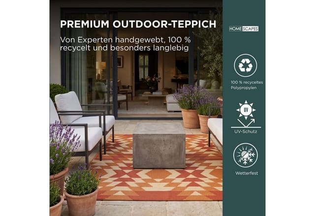 Homescapes Outdoorteppich Outdoor-Teppich Anya 120 x 180 cm – Ethno-Muster, rot-orange, rechteckig, Höhe: 20 mm