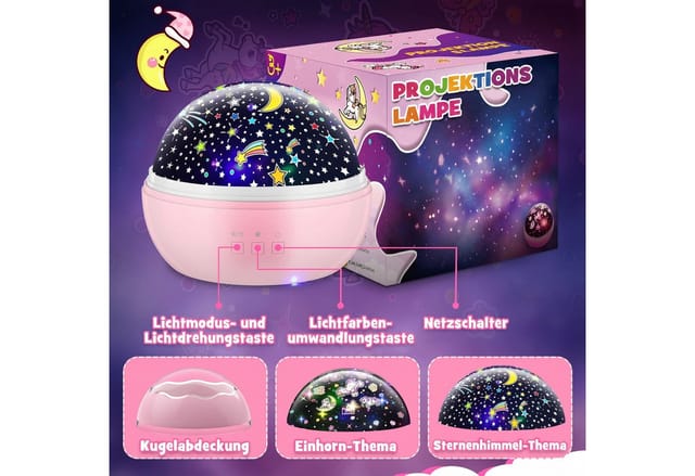 Wootoy LED Nachtlicht Einhorn Nachtlicht Projektor 360° rotierende Sternenprojektor Lampe, in Warmgelb Blau Rot und Grün, LED fest integriert, Farbwechsler, 360° rotierende Projektion 5 Lichtmodi 4 LED-Farben