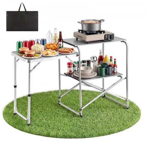 VEVOR Klappbarer Campingtisch, Campingkochstation mit Beistelltisch, Hitzebeständiger Tischplatte und Tragetasche, Tragbare Camping-Küchenstation Ideal für Picknick, Grillen und Wohnmobilreisen