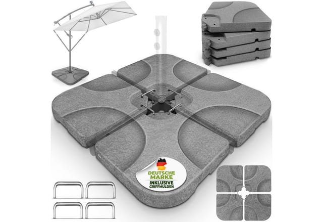 Tillvex® Sonnenschirmständer Granit-grau 60 Liter / 80 Kg – 4-teilig Für Ampelschirm Inkl. Metallverbinder Schirmgewicht Befüllbar Mit Wasser Oder Sand Schirmständer Ampelschirmständer Wetterfest