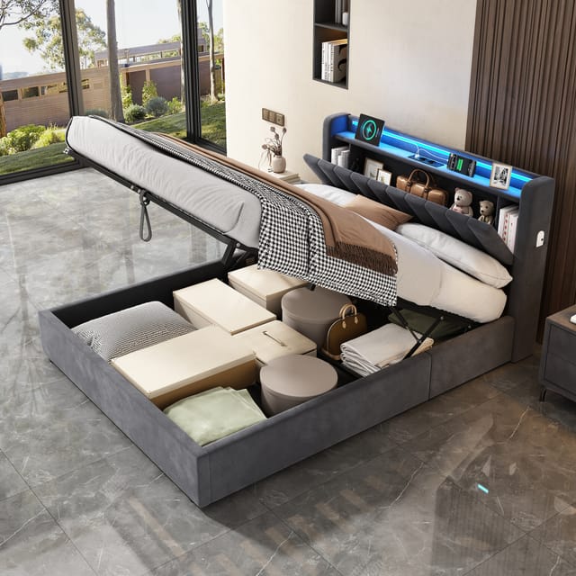 Polsterbett Stauraumbett 140x190 Cm Mit Led-licht, Steckdose Und Kopfteil Mit Stauraum, In Grau, Ohne Matratze