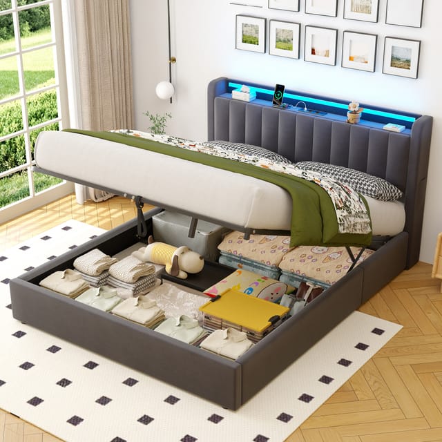 Polsterbett Stauraumbett 160x200 Cm Mit Led-licht, Steckdose Und Kopfteil Mit Stauraum, In Grau, Ohne Matratze