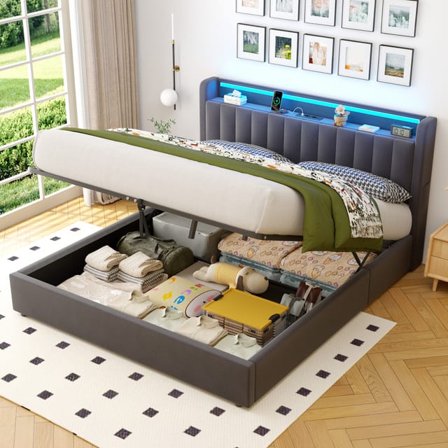 Polsterbett Stauraumbett 180x200 Cm Mit Led-licht, Steckdose Und Kopfteil Mit Stauraum, In Grau, Ohne Matratze