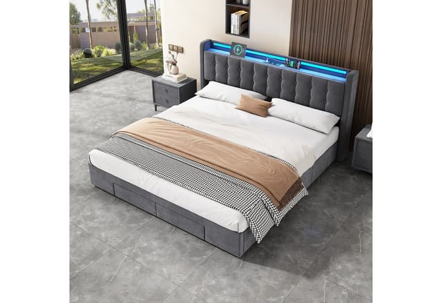 Polsterbett Stauraumbett 180x200 Cm Mit Led-licht, Steckdose Und Kopfteil Mit Stauraum, In Grau, Inkl. Matratze