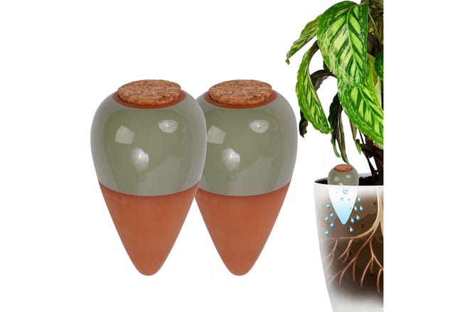 Relaxdays Tonkegel Bewässerung, 2er Set, 350 Ml, Gießhelfer Mit Deckel, Zimmerpflanzen & Balkonkästen, Terrakotta/salbei