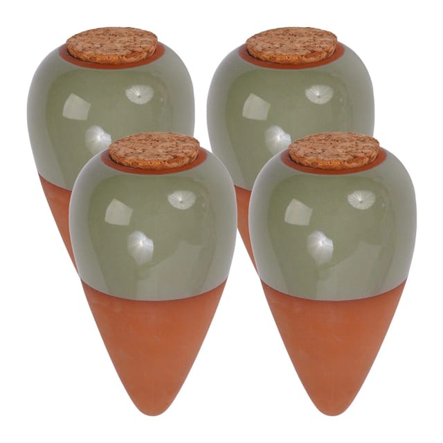 Relaxdays Tonkegel Bewässerung, 4er Set, 350 Ml, Gießhelfer Mit Deckel, Zimmerpflanzen & Balkonkästen, Terrakotta/salbei