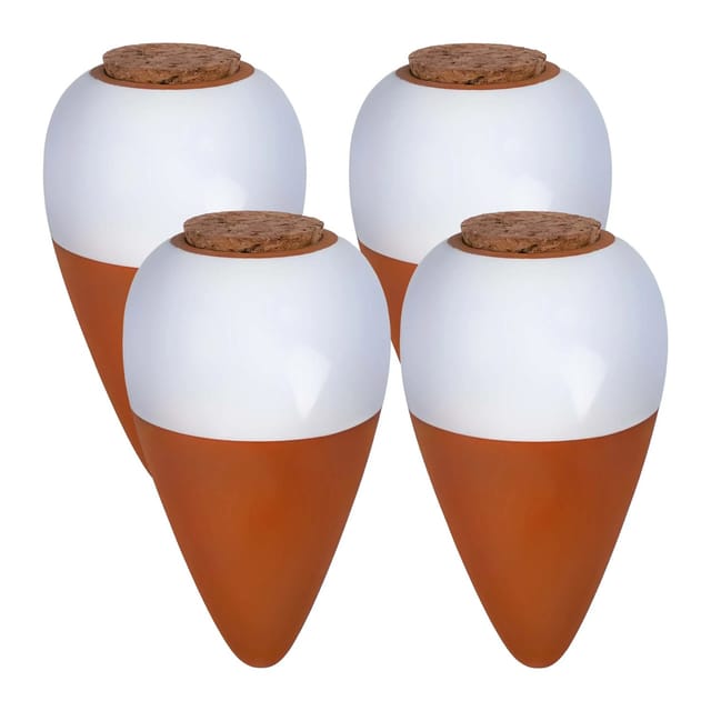 Relaxdays Tonkegel Bewässerung, 4er Set, 350 Ml, Gießhelfer Mit Deckel, Zimmerpflanzen & Balkonkästen, Terrakotta/weiß