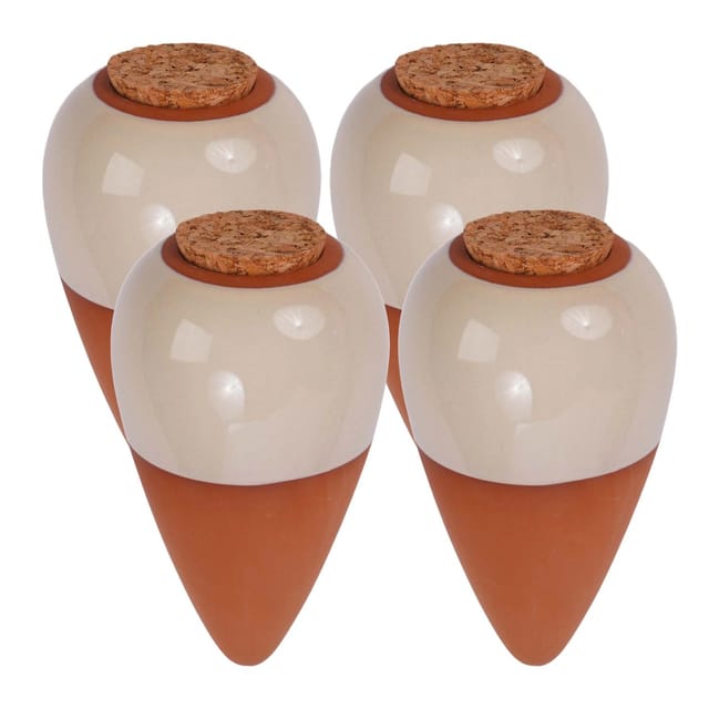 Relaxdays Tonkegel Bewässerung, 4er Set, 350 Ml, Gießhelfer Mit Deckel, Zimmerpflanzen & Balkonkästen, Terrakotta/beige