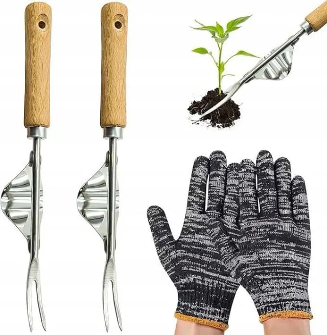 Unkrautstecher (2 Stück, Edelstahl) + Gartenhandschuhe