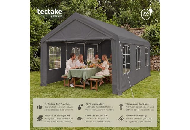 tectake Pavillon Gartenzelt 4x6 m wasserdicht mit UV-Schutz und Seitenteilen, mit 4 Seitenteilen, (Freiluftpavillon Jasko, in Grau), Klicksystem für schnellen Aufbau, inklusive Spannseile und Heringe