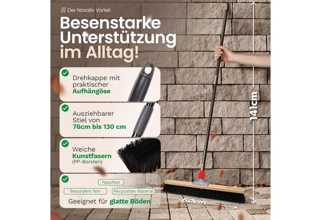Novaliv Kehrgarnitur 30607-19444-1x, (1-tlg), Novaliv Großer Besen Saalbesen 60 cm mit Teleskopstiel Borsten Kunstbo
