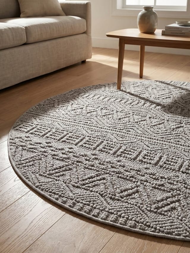KADIMA DESIGN Teppich LANGAU Flachgewebe Ethno Streifen Boho Wohnzimmer Pflegeleicht, Rund, Höhe: 7 mm, Silber, 80x80 cm, Saugroboter OEKO-TEX Fußbodenheizung Strapazierfähig