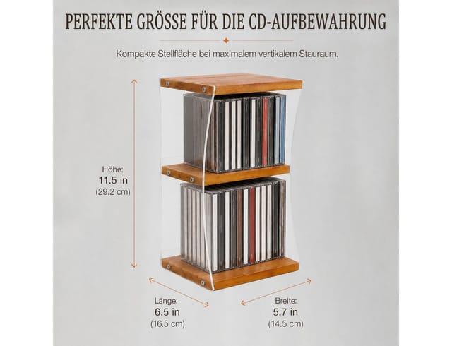 BlingBin CD-Regal 2 Ebenen CD-Aufbewahrung aus Holz und Acryl, CD-Ständer für bis zu 30 CDs 1-tlg., kompakter Medien-Organizer für Regal, Schreibtisch und Musikzimmer
