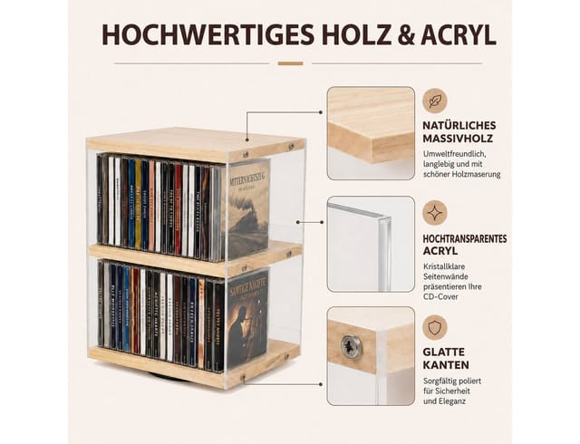 BlingBin CD-Regal Drehbarer 2 Ebenen CD-Halter aus Holz und Acryl für 36 CDs, 1er Set 1-tlg., CD-Ständer mit offener Seite und Absturzsicherung für Wohnzimmer, Büro