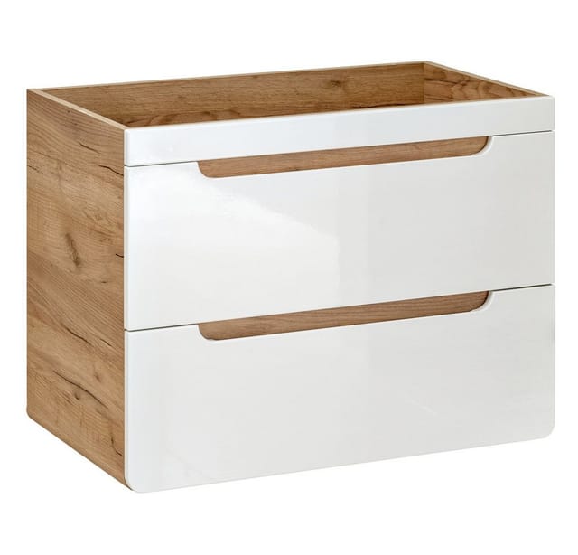 Lomadox Badmöbel-Set LUTON-56, (Spar-Set, 6-St., Hängeschranke Spiegelschrank Waschbecken Waschbeckenschrank), Hochglanz weiß mit Wotan Eiche, Beleuchtung, Waschtisch 80 cm