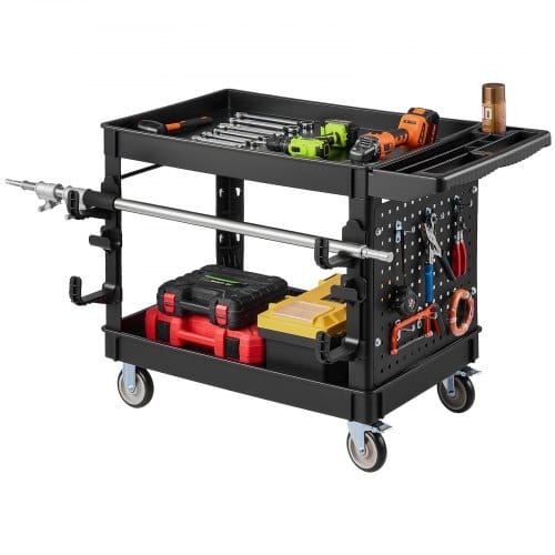 VEVOR Servicewagen Werkstattwagen Werkzeugwagen PP 1140x610x840mm Schwarz, Rollwagen mit 250kg Tragkraft, Inkl. 2 Ebene 4 Rollen Pegboard Haken Handgriff mit Ablagefach, Allzweckwagen für Werkstatt