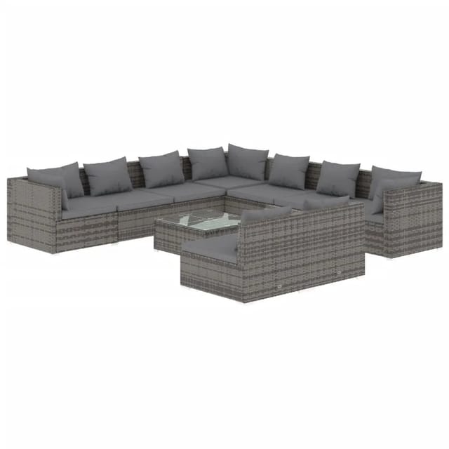 vidaXL 10-Tlg Garten-Lounge-Set mit Kissen Grau Poly Rattan 3102429