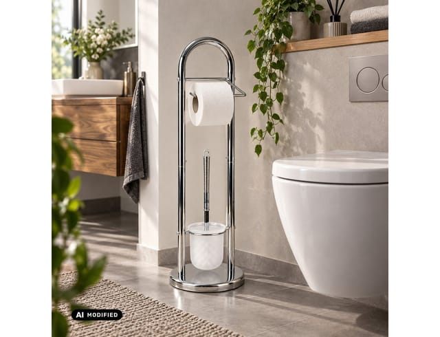 axentia WC-Garnitur Bürstenhalter & Papierrollenhalter in Einem Toilettenbürstenständer, (2in1 Klopapierhalter und Bürstenständer in Einem, verchromter Bürsten-Ständer mit Halterung für Toilettenpapier), Toilettenbürste- und Klorollenhalterung Klobürstenständer