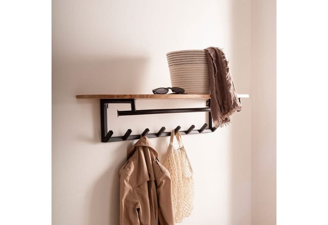 FINEBUY Wandgarderobe Akazie Massivholz 100cm Garderobe mit Ablage Industrial (Moderne Wandgarderobe aus Massivholz), Praktische Garderobe mit Haken
