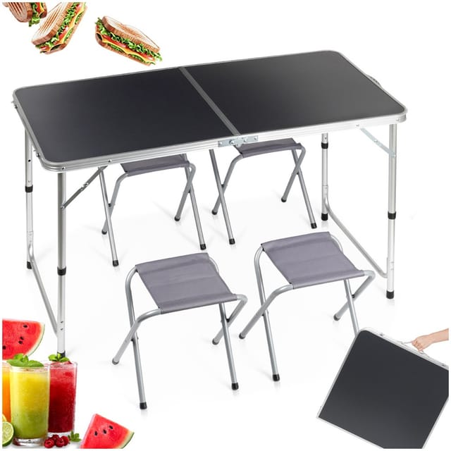 Klappbarer Campingtisch, Ausziehbarer Gartentisch + 4 Stühle