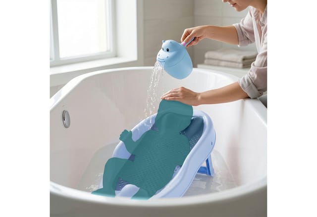 Relaxdays Baby-badehilfe Set, Mit Haarwaschbecher, Tränenfrei, Badestütze Rutschfest, Hbt: 19x51,5x30 Cm, Pp/tpe, Blau