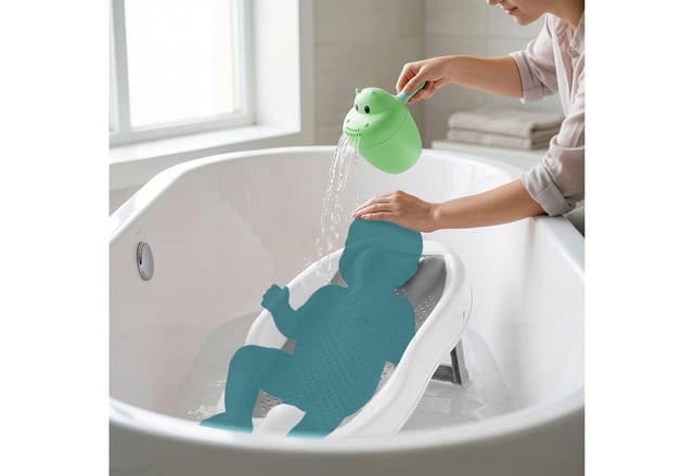 Relaxdays Baby-badehilfe Set, Mit Haarwaschbecher, Tränenfrei, Badestütze Rutschfest, Hbt: 19x51,5x30 Cm, Pp/tpe, Grau