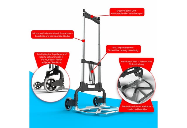 BigDean Stabile Aluminium Transportkarre Klappbar Langer 110cm Teleskop Griff Belastbar bis 70kg Sackkarre Klappbar Anti Rutsch Pads Leise Soft Räder