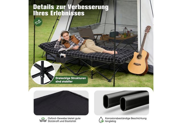 Sekey Campingbett Klappbar Feldbett mit Matratze Schwarz-Kariert 190 x 71 x 35 cm