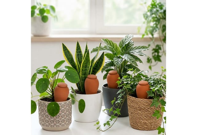 Relaxdays Bewässerungskegel Keramik Natur mit Deckel 4er-Pack 350 ml 16 cm x 8 cm