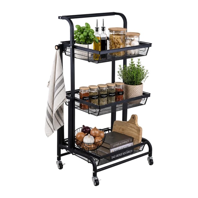 Relaxdays Küchenrollwagen Eisen Kunststoff Schwarz 3 Ebenen Verstellbar 94,5 cm x 44 cm x 30 cm 6,5 kg