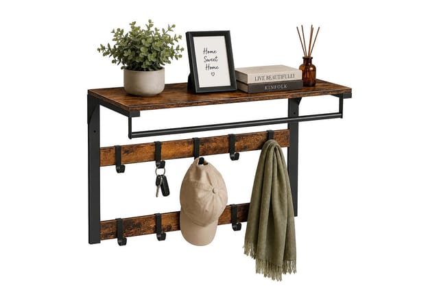Relaxdays Wandgarderobe MDF Eisen Vintagebraun Schwarz Mit Ablage 10 Haken 65 cm