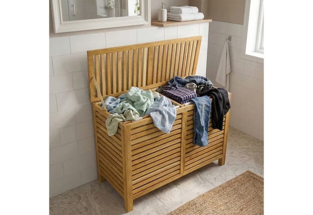 Relaxdays Wäschesammler Walnussholz Natur mit 2 Fächern Klappdeckel 150 L 67,5 cm x 89 cm x 46,5 cm