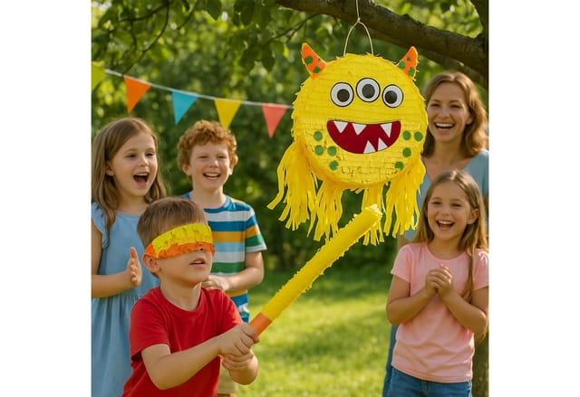 Relaxdays Pinata Set Pappe Papier PVC Mehrfarbig mit Stab und Maske 35 cm x 34 cm x 9 cm 0,24 kg