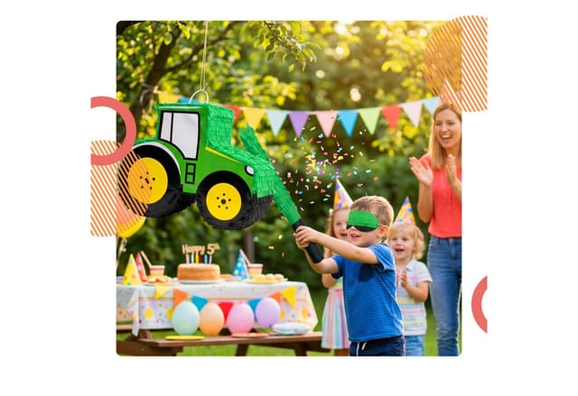Relaxdays Traktor Pinata Seidenpapier Grün Gelb 3-teilig mit Stab und Maske 40 cm x 40 cm x 12 cm