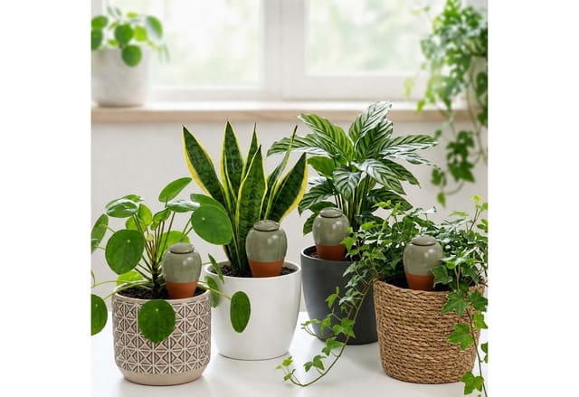 Relaxdays Bewässerungskegel Keramik Salbei mit Deckel 4er-Pack 350 ml 16 cm x 8 cm