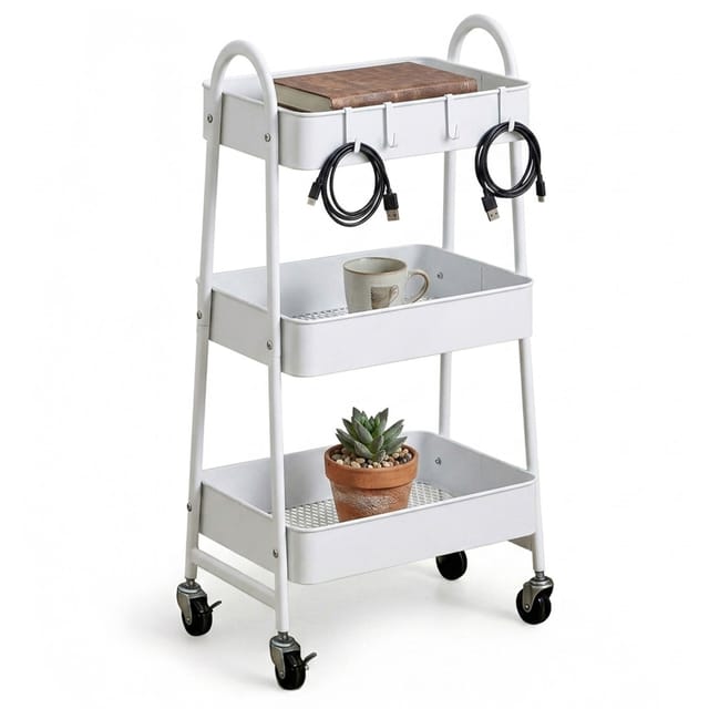Relaxdays Rollwagen Metall Kunststoff Weiß mit 3 Ebenen 80 cm x 44 cm x 32 cm
