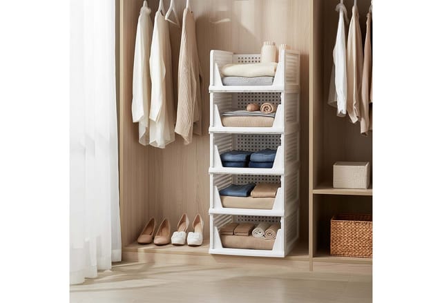 Relaxdays Kleiderschrank Organizer 5er Set Polypropylen Weiß Faltbar Stapelbar Herausziehbar