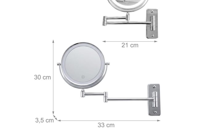 Relaxdays Wandkosmetikspiegel Eisen Glas Silber LED-Beleuchtung 10-Fach Vergrößerung Schwenkbar Ausziehbar 30 cm x 21 cm x 3,5 cm 0,8 kg