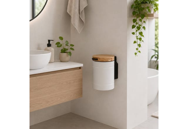 Relaxdays Kosmetikeimer Edelstahl Bambus Weiß Wandmontage Softclose 25 cm x 17 cm x 23 cm 3,