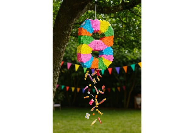 Relaxdays Pinata Zahl 8 Papier Pappe Kunststoff Bunt mit Stab und Maske 50,5 cm x 35,5 cm x 7,5 cm 210 g