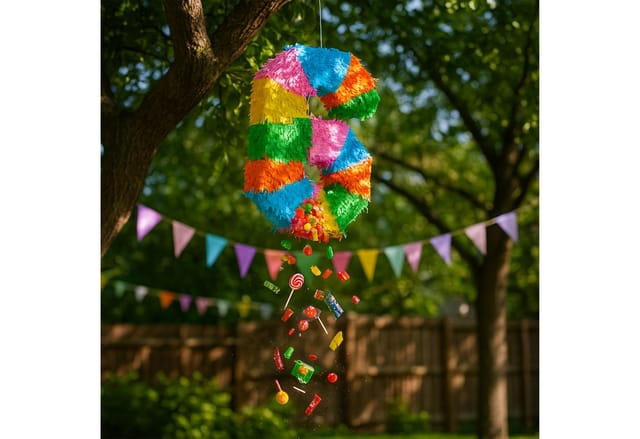 Relaxdays Pinata Zahl Papier Pappe Kunststoff Bunt mit Stab und Maske 50,5 cm x 35,5 cm x 7,5 cm 210 g