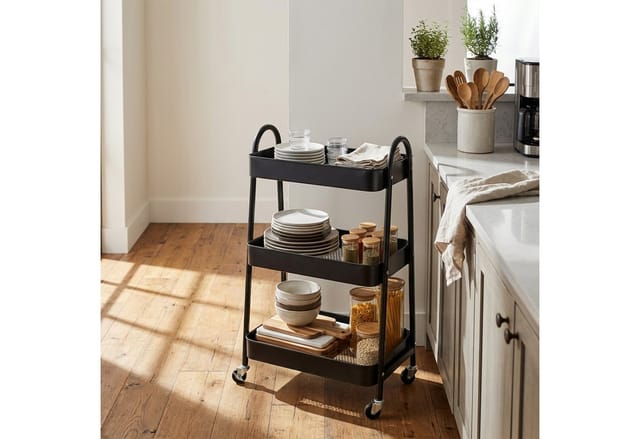 Relaxdays Rollwagen Metall Kunststoff Schwarz mit 3 Ebenen 80 cm x 44 cm x 32 cm