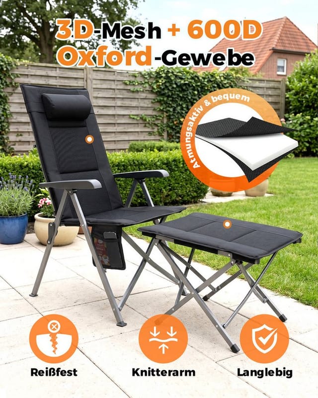 HOMECALL Campingstuhl mit fußstütze camping liegestuhl klappstuhl gepolstert karpfenstuhl (bis 150 KG mit Seitentasche Getränkhalter), Angelstuhl für Camp Garten Balkon