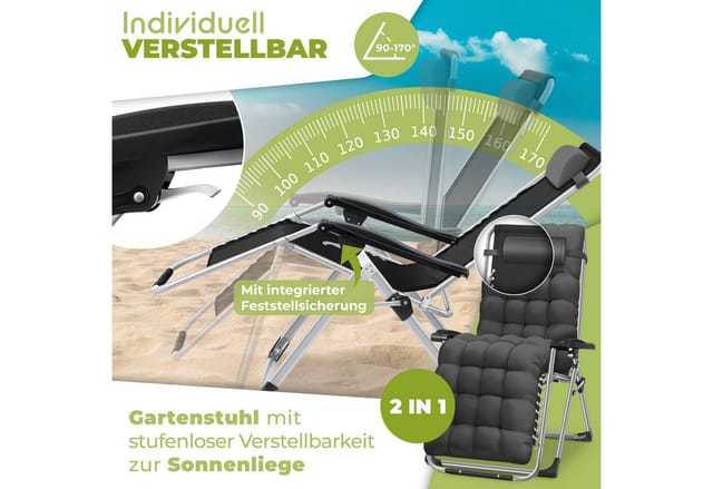 KESSER Gartenliege Gartenstuhl Sonnenliege 2 in 1 mit XXL Polster, Sonnenliege Liegestuhl Klappbar + Getränkehalter Gartenstuhl