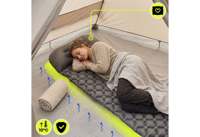 Ultraleichte Camping-luftmatratze Campmat Für 1 Person Mit Integriertem Kissen 190x56cm Grau
