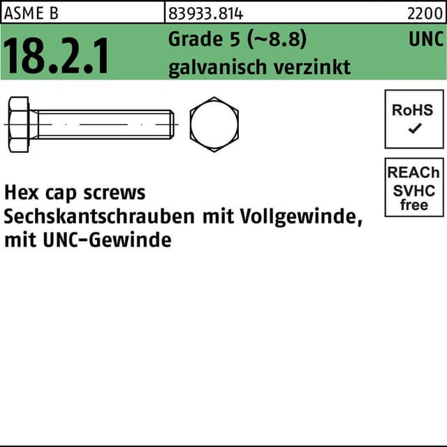 Sechskantschraube R 83933 M.unc-gewinde Vg 5/8 X 1 Grade 5 (8.8) Galvanisch Verzinkt