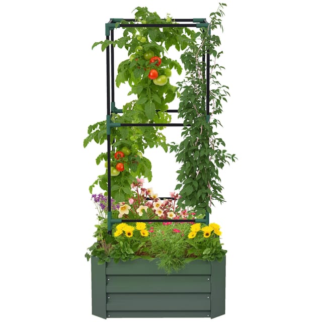 Homaire Pflanzenkasten Mit Tomatenkäfig Aus Verzinktem Stahl, 61x61x140 Cm, Grün, Balkon Hochbeet Für Kletterpflanzen
