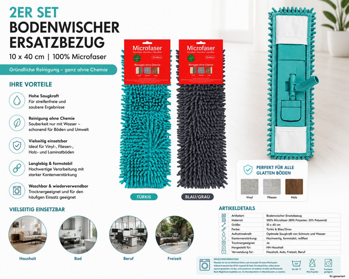 HH-Haushalt Reinigungs-Set Bodenwischer Ersatzbezug 2er Set (Türkis und Blau) 10x40cm alle Böden Bild 2